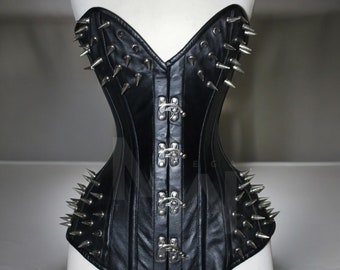 Women Heavy Leather Spiked Corset Overbust Genuine Leather Steel Boned  Waist Corset Claps Closure, Studded Corset, Black Leather corset