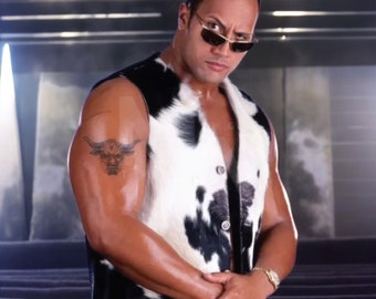 Inspiriert von The Rock Final Boss Rindslederweste | Echte Rindsleder Haut Natürliche Echt Haar Weste | Schwarz Weiße Western Weste