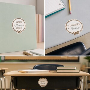 May include: A circular adhesive label featuring a brown rope-style border with a bow at the bottom and the text "YOUR Name HERE" or "STUDENT Name" in the centre. The sticker is shown applied to a light green binder, a desk surface, and a black desk.