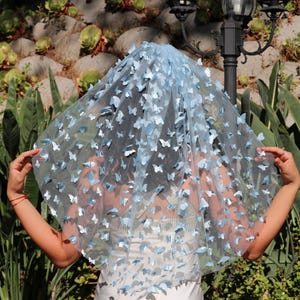Blue Butterfly Tulle Wedding Veil Bachelorette Veil Something Blue