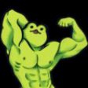Puede incluir: Ilustración de dibujos animados de una rana verde musculosa flexionando sus bíceps. La rana tiene un cuerpo verde claro, una boca pequeña marrón y ojos grandes y redondos. El fondo es negro sólido.