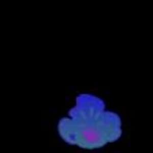 May include: A neon blue and purple floral design against a black background. The flower has multiple petals and a small, circular center. The image is a digital illustration with a glowing effect.