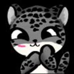 May include: A cartoon illustration of a gray and black leopard cub with a sweet expression. The cub has black spots, a white muzzle, and a pink mouth. The background is solid black.