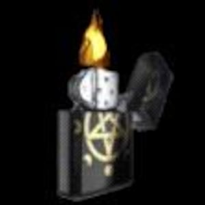 May include: A black metal lighter with a pentagram design and a lit flame. The lighter is open, revealing the flint wheel and wick. The background is black.