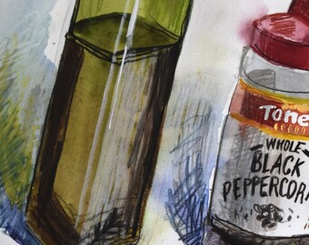 Olive Oil, Peppercorns, and Arugula. Mixed Media Original Art.