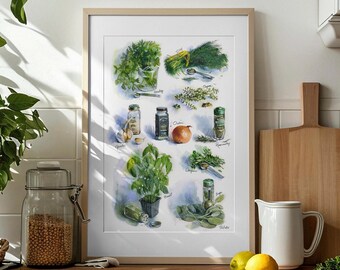Könnte beinhalten: Eine Aquarell-Illustration verschiedener Kräuter und Gewürze, darunter Petersilie, Dill, Thymian, Oregano, Basilikum, Knoblauch, Zwiebel, Rosmarin und Salbei. Die Illustration ist gerahmt und auf einer Küchentheke ausgestellt.