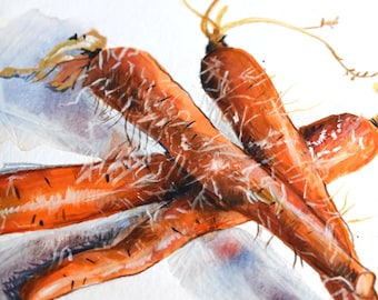 Carrots from the Back of the Fridge. Mixed Media Original Art.