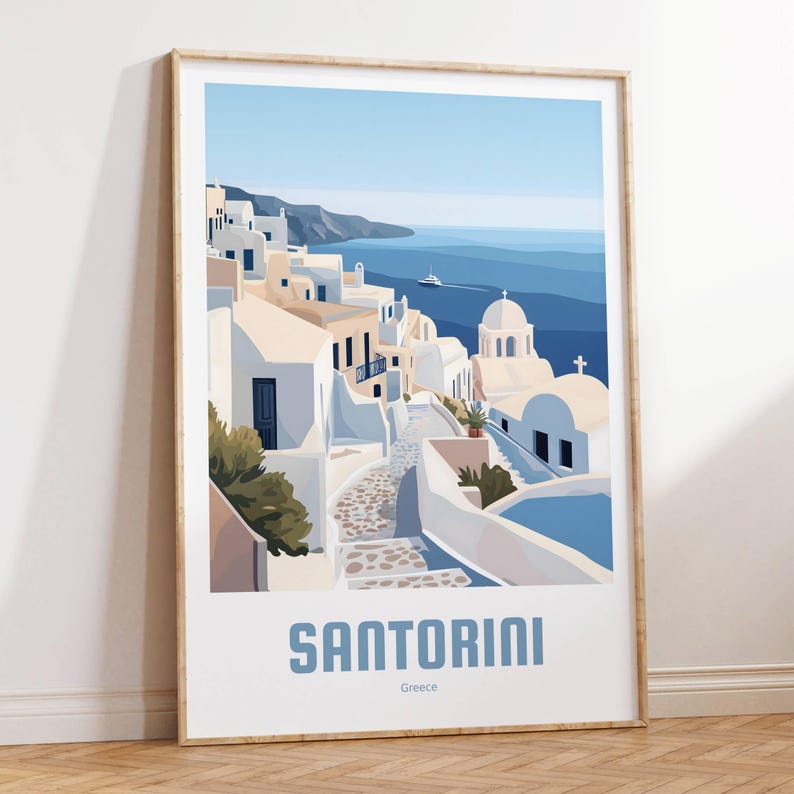 May include: A colorful illustration of a white-washed village on the island of Santorini, Greece. The village is built on a cliff overlooking the blue Aegean Sea. The image features a winding cobblestone path leading up to a white church with a blue dome.