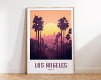 May include: Framed art print featuring a stylized Los Angeles cityscape at sunset. The artwork showcases silhouetted palm trees, a winding road, and the city skyline under a gradient sky of orange and purple. The text "LOS ANGELES" is displayed at the bottom.