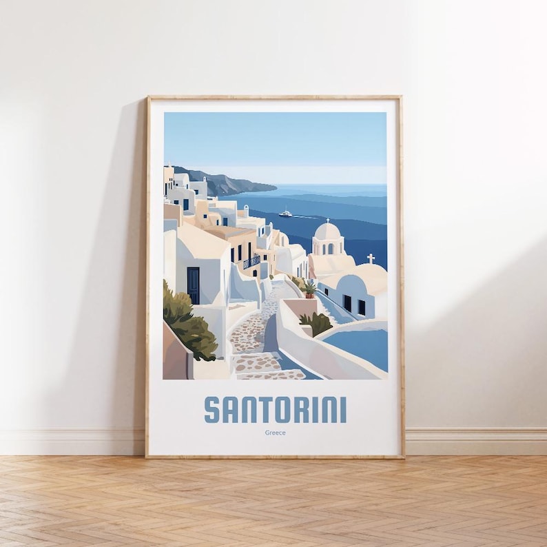 May include: A colorful illustration of a cityscape in Santorini, Greece. The image features white buildings with blue accents, a winding cobblestone path, and a view of the Aegean Sea. The text "Santorini, Greece" is printed at the bottom of the image.