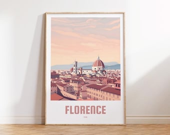 Può includere: Un poster in stile vintage con un'illustrazione dello skyline di Firenze, che presenta il Duomo e altri edifici. Il poster è in una cornice di legno e ha il testo "FLORENCE, Italia" in basso.