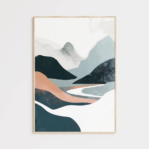 Boho Landschaft | Wohnzimmer Deko | Skandi Wallart | Vintage Poster | Minimalistische Kunst | Bohemian Chic | Abstrakte Berge und Fluss