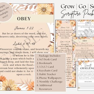 May include: A collection of stationery items with a floral design and the text "Grow | Go | Sow Scripture Package." The items include a desk card, bookmark, keychain card, habit tracker, and phone wallpapers. The text "OBEY" is also visible.