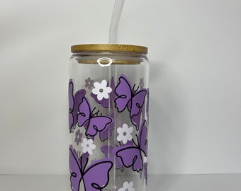 Glass cup with straw and lid