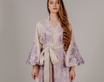 Linen embroidered dress, Ukrainian dress, Vyshyvanka, Kaftan, Abaya, Floral beige violet dress, Boho dress, Bohemian tasseled dress