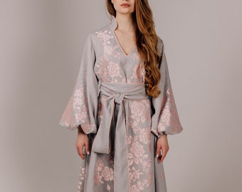 Linen embroidered dress, Ukrainian dress, Vyshyvanka, Kaftan, Abaya, Floral grey peach pink dress, Boho dress, Bohemian tasseled dress