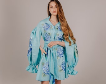 Linen embroidered dress, Vyshyvanka, Kaftan, Ukrainian dress,  Abaya, Floral turquoise dress, Boho dress, Bohemian tasseled dress, hydrangea