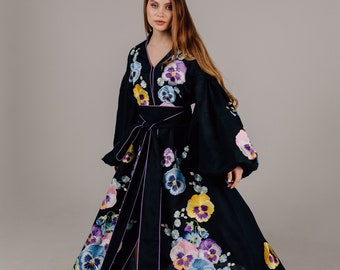 Linen embroidered dress, Ukrainian dress, Vyshyvanka, Kaftan, Abaya, Floral black dress, Boho dress, Bohemian tasseled dress, Pansy flower