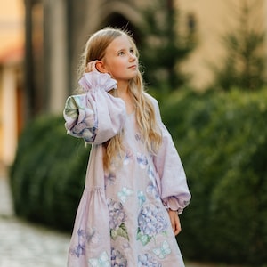 Light purple violet Embroidered Ethnic Kids Dress Folk Ukrainian Dress Vyshyvanka Kaftan Abaya Boho Bohemian hydrangea flower tasseled dress image 1