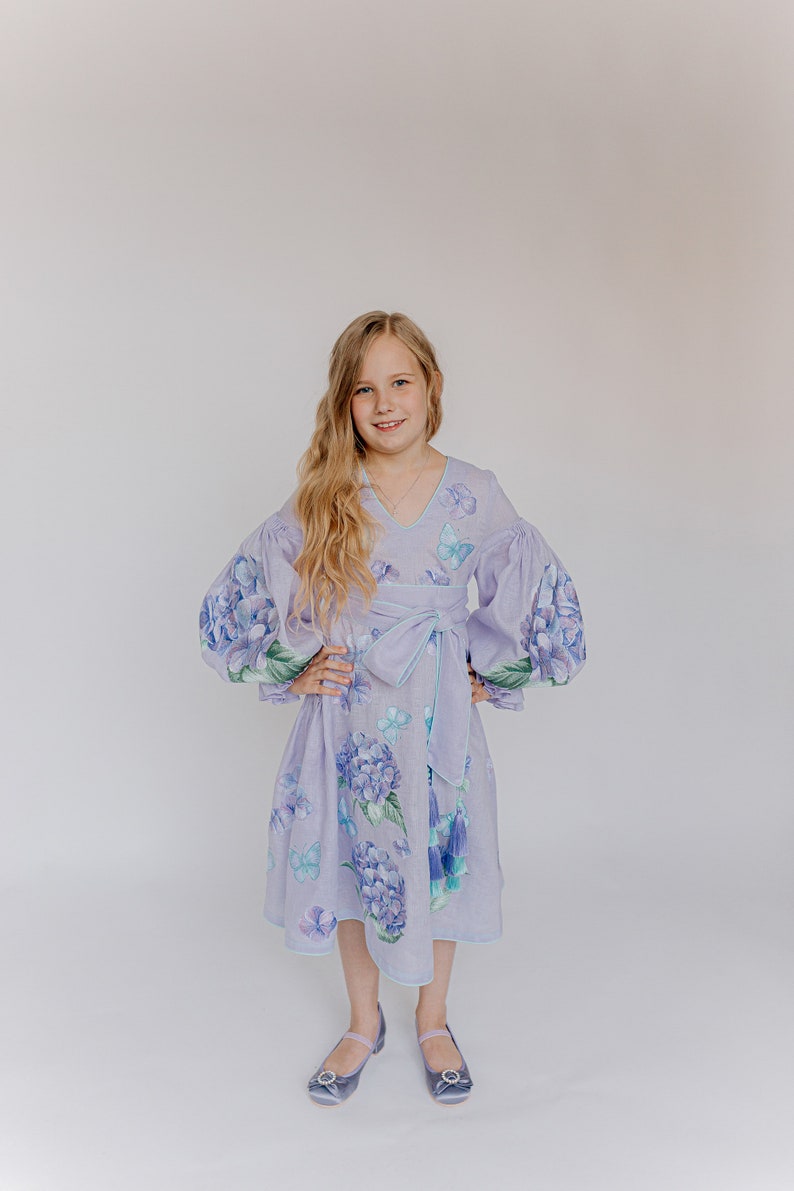 Light purple violet Embroidered Ethnic Kids Dress Folk Ukrainian Dress Vyshyvanka Kaftan Abaya Boho Bohemian hydrangea flower tasseled dress image 6