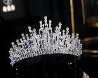 Pearl crown tiara,Rhinestone Pageant Bride Headband Wedding Hair Accessories Tiara, Silver wedding party crown