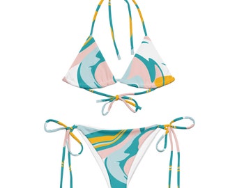 Blu Multicolor Bikini con perizoma riciclato con stampa all-over