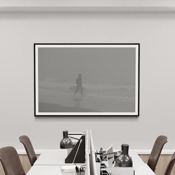 Solitary Silhouetted Surfer in Dramatic Moody Seascape - Peaceful Pensive Exploration of Serene Minimalist Ocean Landscape