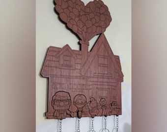 Laser cutting file Up Pixar key hanger house. Key ring Carl, Ellie, small Carl, small Ellie, Russell. 3 layers of wood