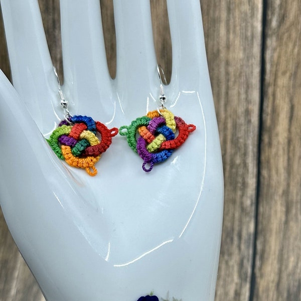 Rainbow Tatted Lace Celtic Knot Dangle Drop Earrings, Hypoallergenic/Silver Hooks, Handmade Lace