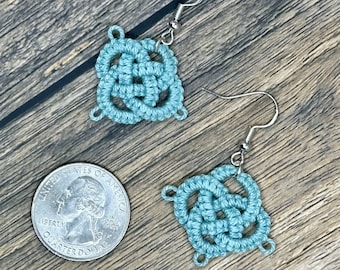 Teal Tatted Lace Celtic Knot Dangle Drop Earrings, Hypoallergenic/Silver Hooks, Handmade Lace