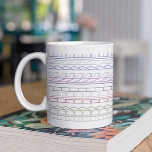 Könnte beinhalten: Weiße Keramik-Kaffeetasse mit gebogenem Henkel. Die Tasse zeigt horizontale Bänder mit verschiedenen geometrischen Mustern in Blau-, Lila- und Grüntönen. Die Tasse steht auf einem Buch mit floralem Design.