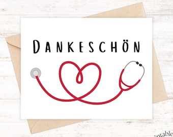 May include: Printable card with the text "DANKESCHÖN" in black lettering. A red stethoscope is drawn with a heart shape in the middle of the line.
