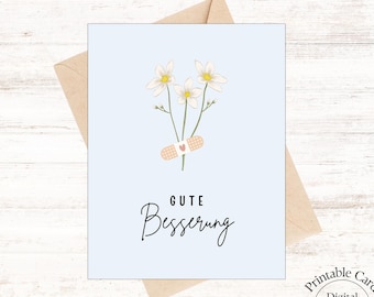Gute Besserung Karte, Karte zur Genesung mit Blumen und Pflaster – Digitale Grußkarte zum Ausdrucken, Genesungskarte, PDF-Download