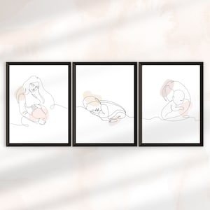 Line Art Poster Set aus 3 Bildern, Schwangerschaft & Geburt Geschenk, Geschenk für werdende Mütter, Babyzimmer Dekoration, Praxis Dekoration
