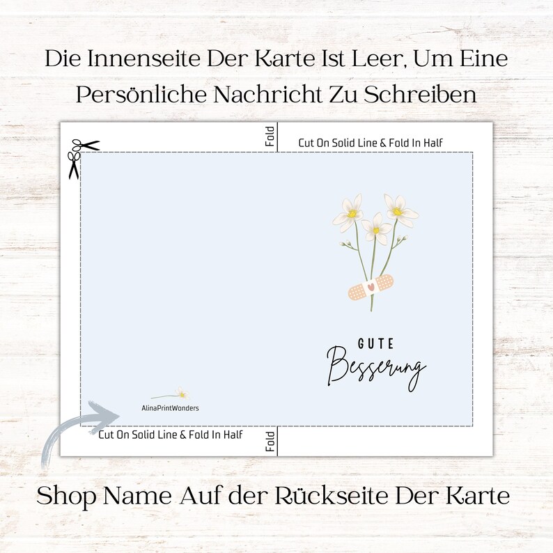May include: A light blue card with a white daisy and bandage design. The card says "Gute Besserung" which means "Get Well Soon" in German. The card is blank inside for writing a personal message. The back of the card has a space for a shop name.