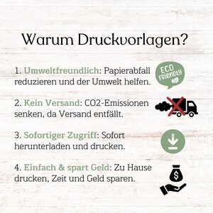 May include: A green and white illustration with the text "Warum Druckvorlagen?" and four numbered points explaining the benefits of using printable templates. The benefits include being eco-friendly, saving on shipping costs, instant access, and saving money.