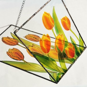 Tulip suncatcher glass painting wall panel orange flower decor hand painted spring art gift for window or home