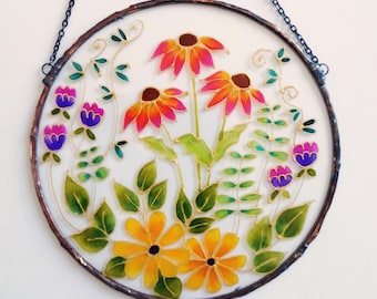 Wildflower Stained Glass Suncatcher: Hand-Painted Floral Window Decor