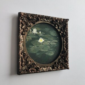 Water lily pond art with delicate white flowers, peaceful handmade nature wall art.