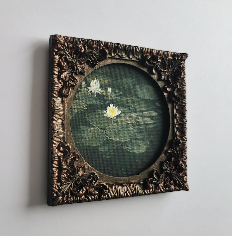 Water lily pond art with delicate white flowers, peaceful handmade nature wall art.