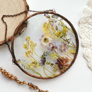 Pressed Flower Suncatcher Handmade Stained Glass Frame Botanical Hanging Decor Real Flowers in Glass Unique Nature Gift