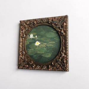 Botanical water lily artwork with calm green pond scene, original handmade wall decor.