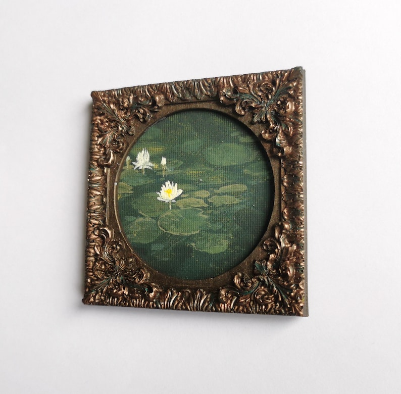 Botanical water lily artwork with calm green pond scene, original handmade wall decor.