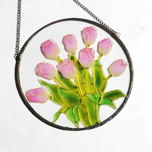 Tulip stained glass suncatcher round floral wall hanging spring window decor pink tulip panel for gift or home