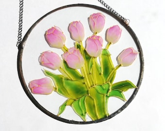 ステンドグラス　チューリップリース ステンドグラス風チューリップのサンキャッチャー：手描きの花のリース
