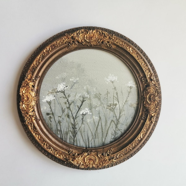 Wildflower botanical painting round wall art white flowers nature artwork handmade framed floral decor