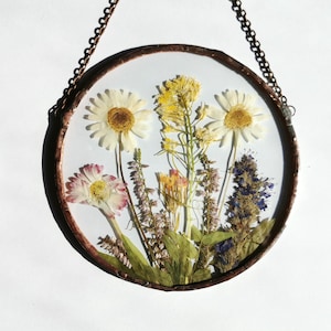 押し花サンキャッチャー：ステンドグラス植物標本、ボタニカルウォールアート