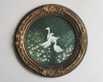 Hand-Painted Duck Meadow Artwork, Vintage Bronze Framed Nature Decor