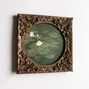 Handmade lotus pond wall art featuring floating water lilies, small framed acrylic painting.
