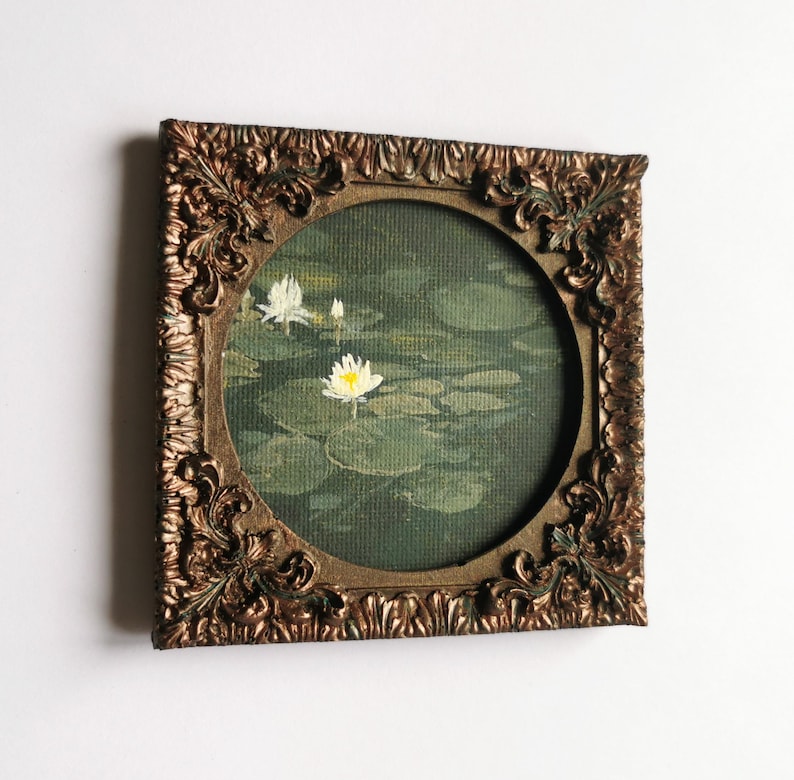 Handmade lotus pond wall art featuring floating water lilies, small framed acrylic painting.